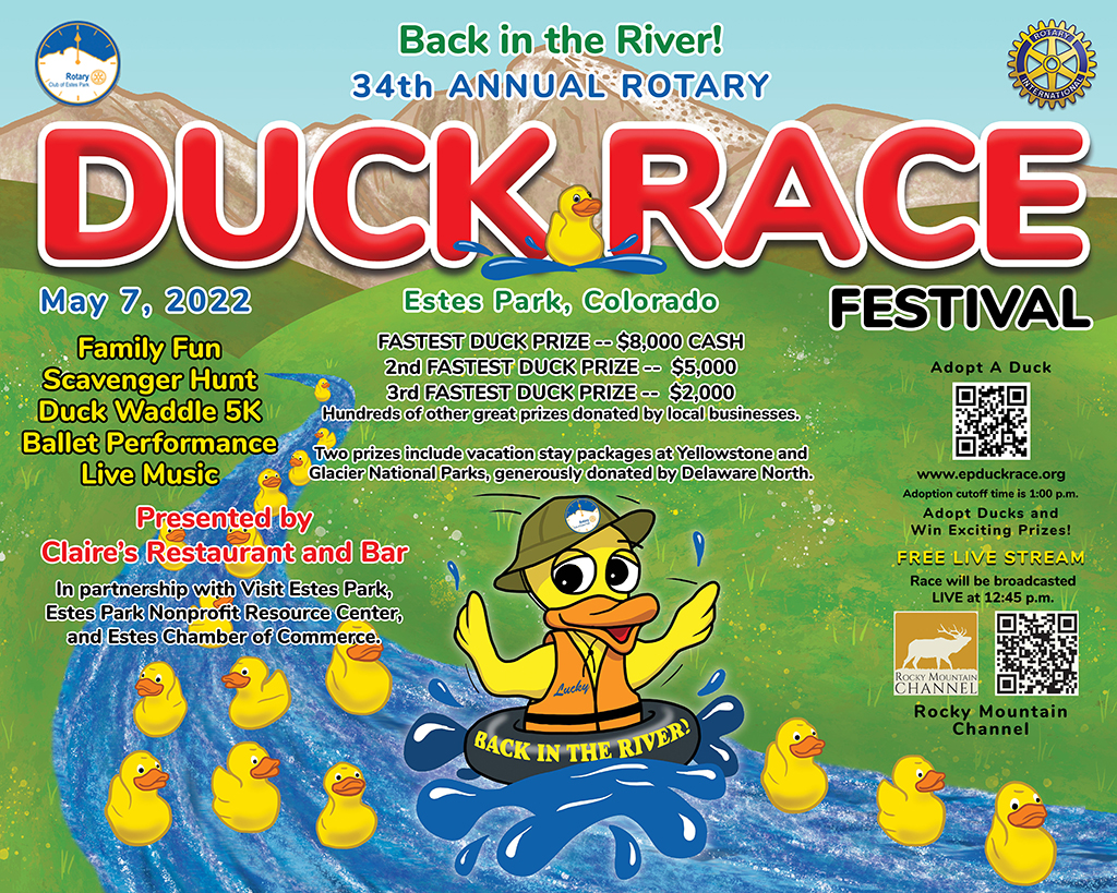 Estes Park Rotary Duck Race Festival Adopt Ducks. Help Charity. Win